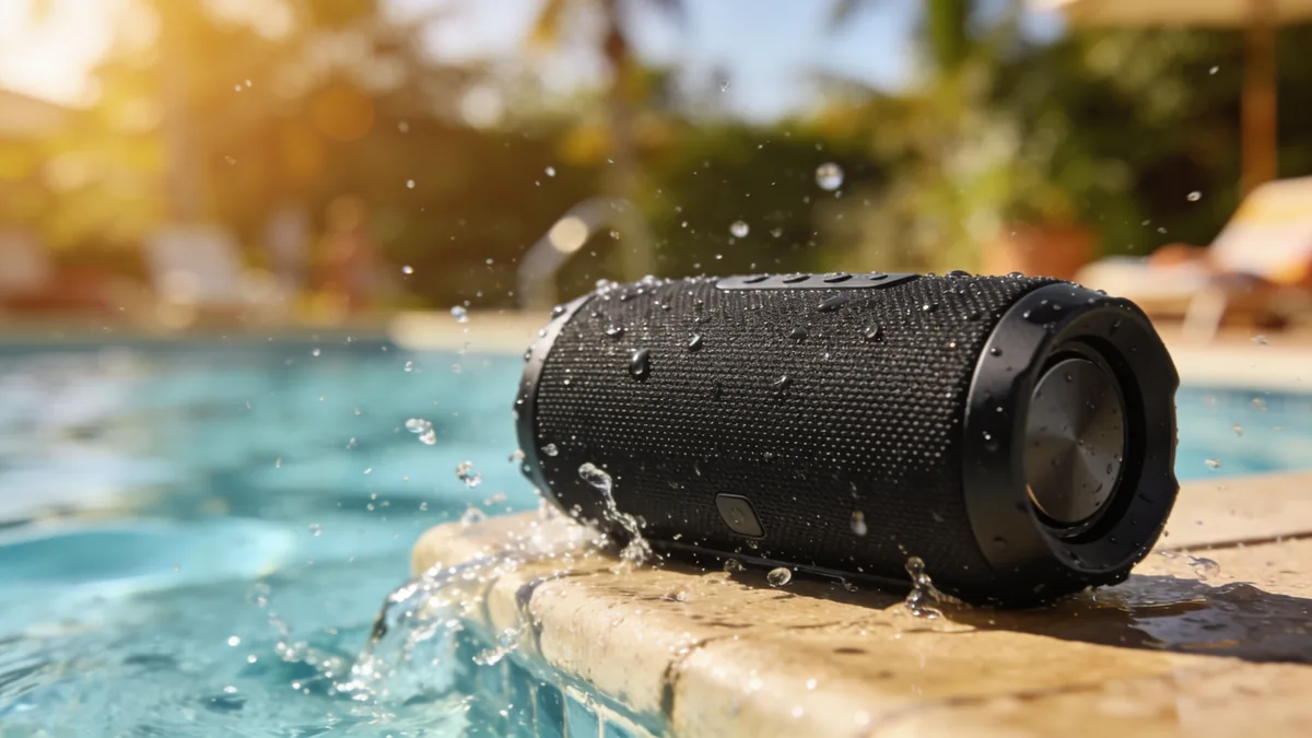 Altavoz bluetooth portátil resistente al agua junto a una piscina, representando los altavoces mejor valorados en Amazon