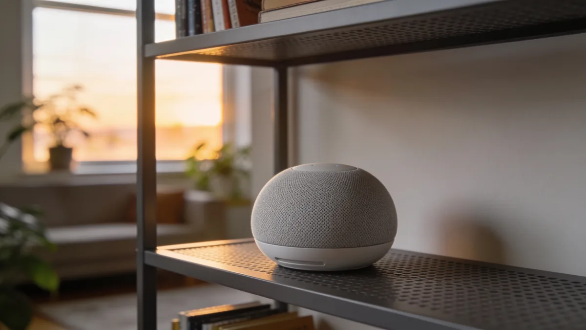 Altavoz inteligente sobre una estantería de salón, uno de los altavoces mejor valorados en Amazon por volumen de opiniones