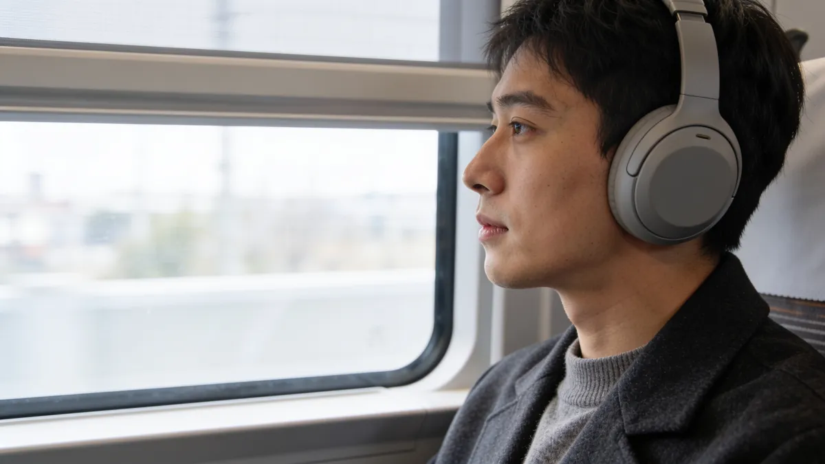 hombre con auriculares over-ear con cancelación de ruido en un tren