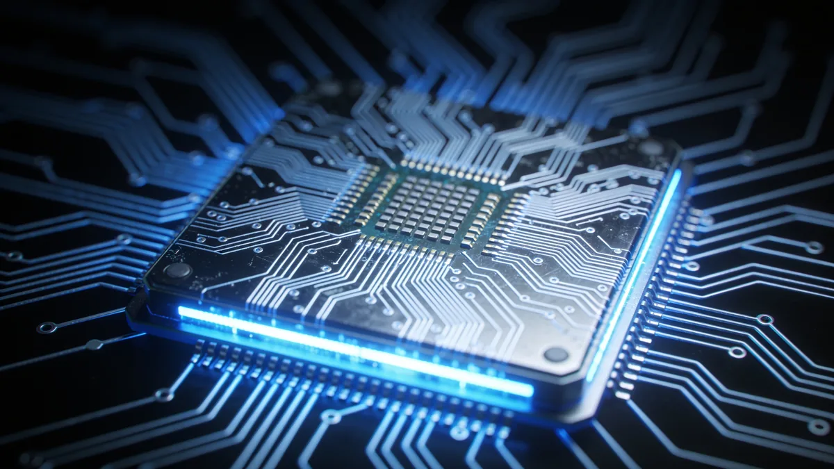Primer plano de un chip de silicio con circuitos iluminados representando el rendimiento del nuevo procesador M6 de Apple