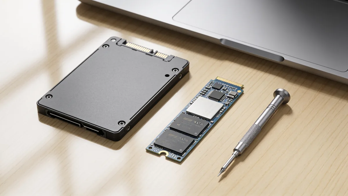 Cómo elegir un SSD: unidad SATA de 2,5 pulgadas junto a un módulo M.2 NVMe