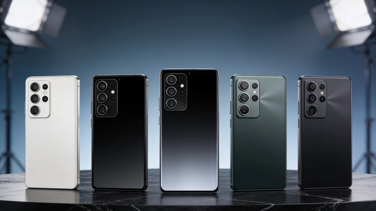 Comparativa de varios móviles Android de gama media con Dimensity colocados en fila