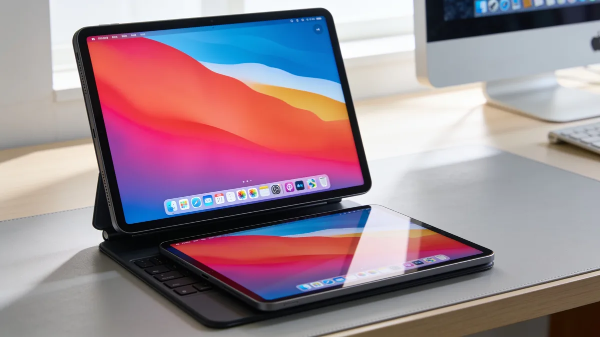 Tablet y monitor portátil con pantalla muy brillante sobre un escritorio