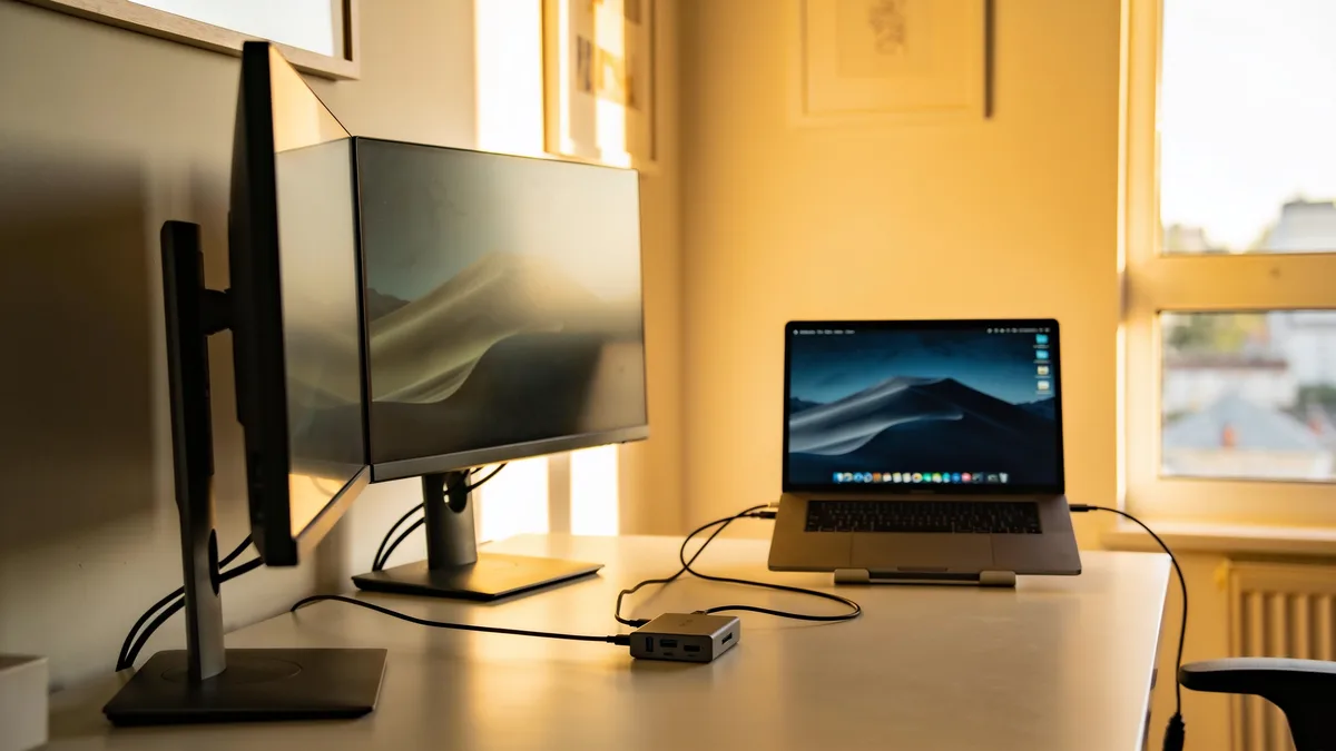 Estación de acoplamiento USB-C con doble monitor en un escritorio