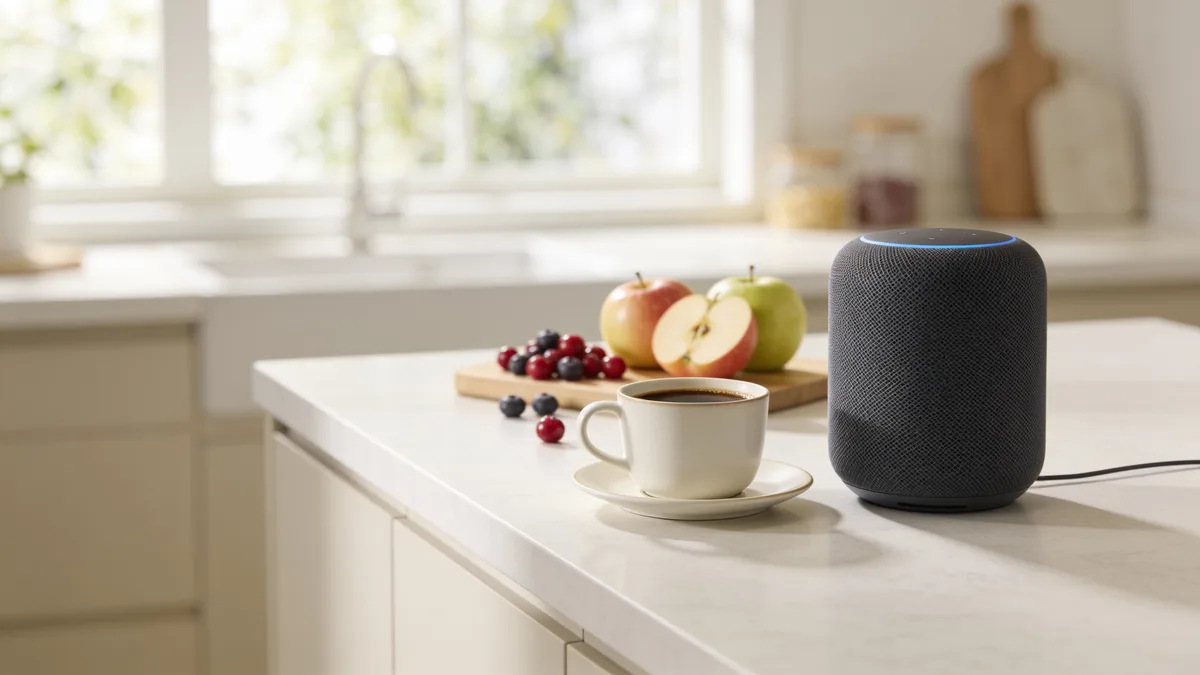 Altavoz Echo Dot Max en una cocina luminosa por la manana junto a un cafe