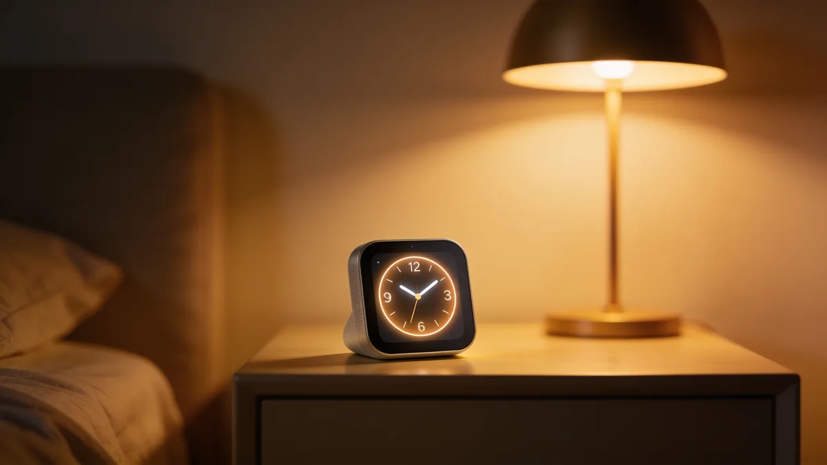 Pantalla inteligente tipo Echo Spot como despertador en una mesita de noche