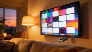 Fire TV Stick 4K Plus conectado a una television en un salon con luz calida