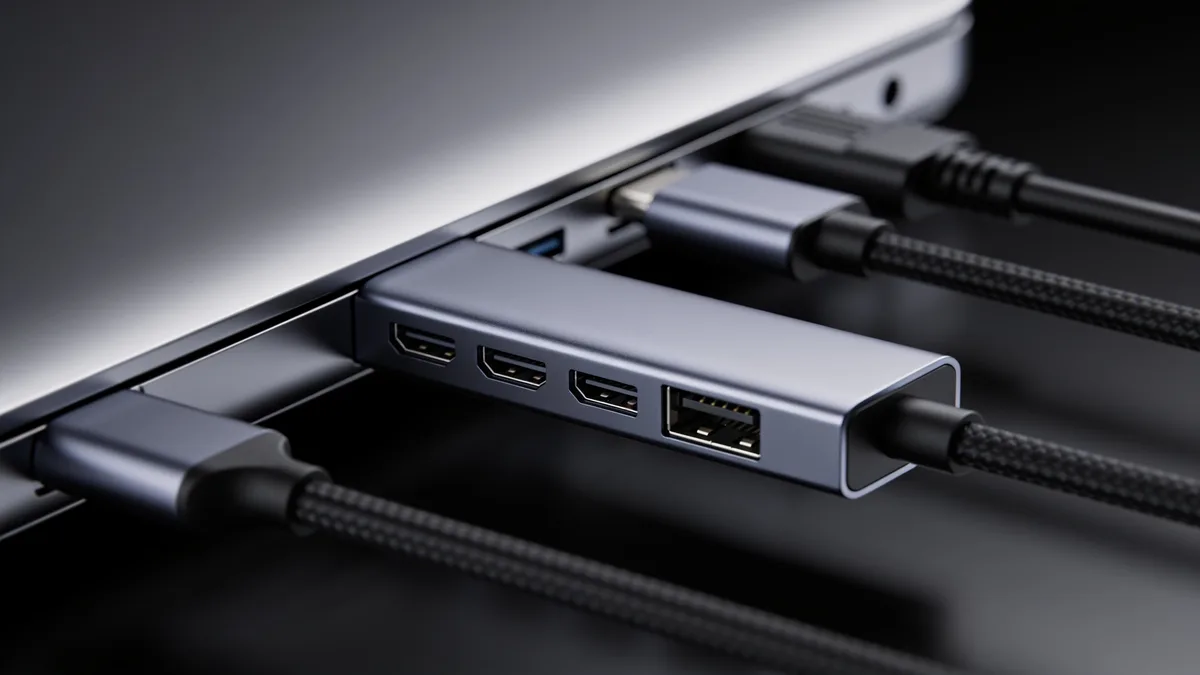 Detalle de los puertos HDMI y USB de un hub USB-C multipuerto