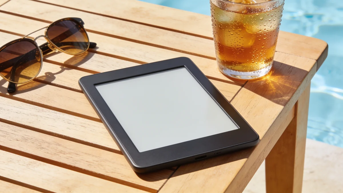 Kindle Paperwhite en una mesa exterior junto a una bebida fría, escena de lectura en vacaciones