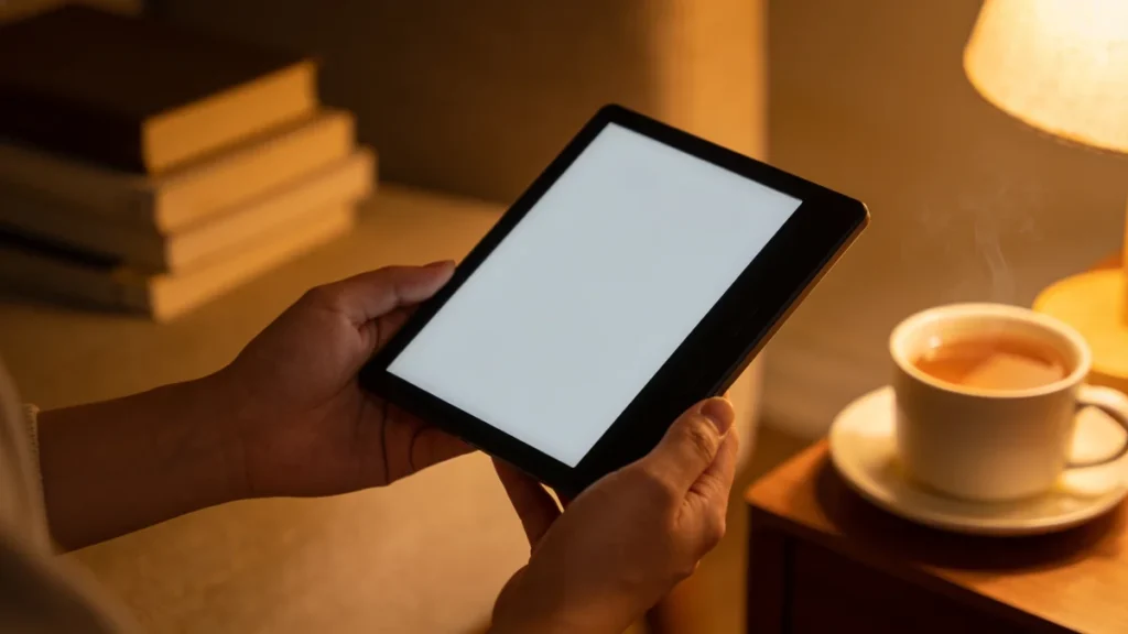 Kindle Paperwhite usado de noche con luz cálida en una escena de lectura acogedora