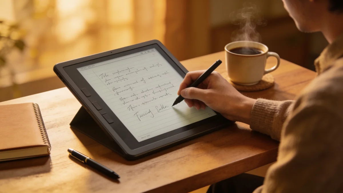 Persona escribiendo con el lápiz del Kindle Scribe sobre la pantalla e-ink