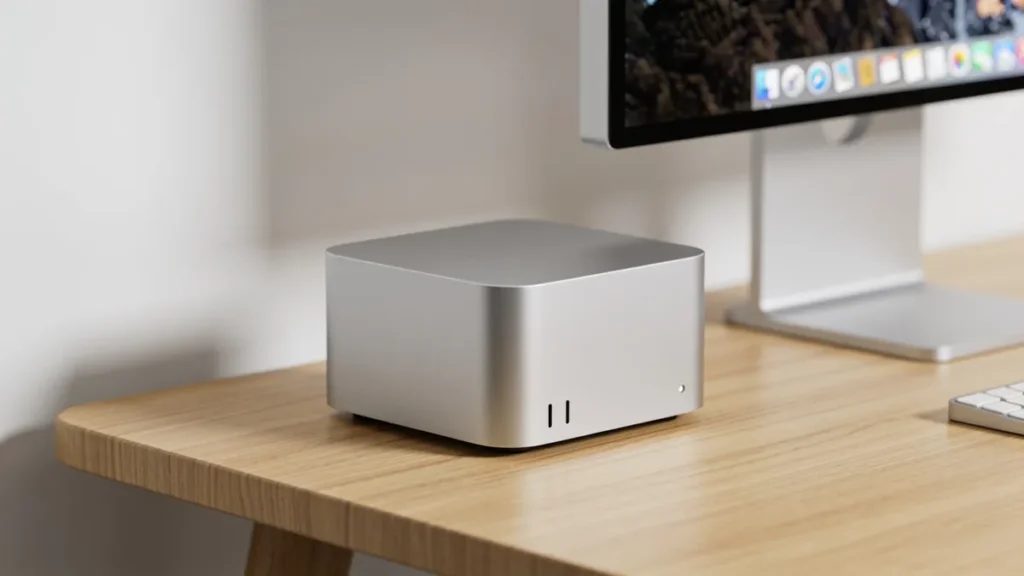 Mini PC de aluminio plateado sobre un escritorio de madera junto a un monitor, representando el diseno compacto del nuevo Mac mini M6