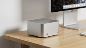 Mini PC de aluminio plateado sobre un escritorio de madera junto a un monitor, representando el diseno compacto del nuevo Mac mini M6