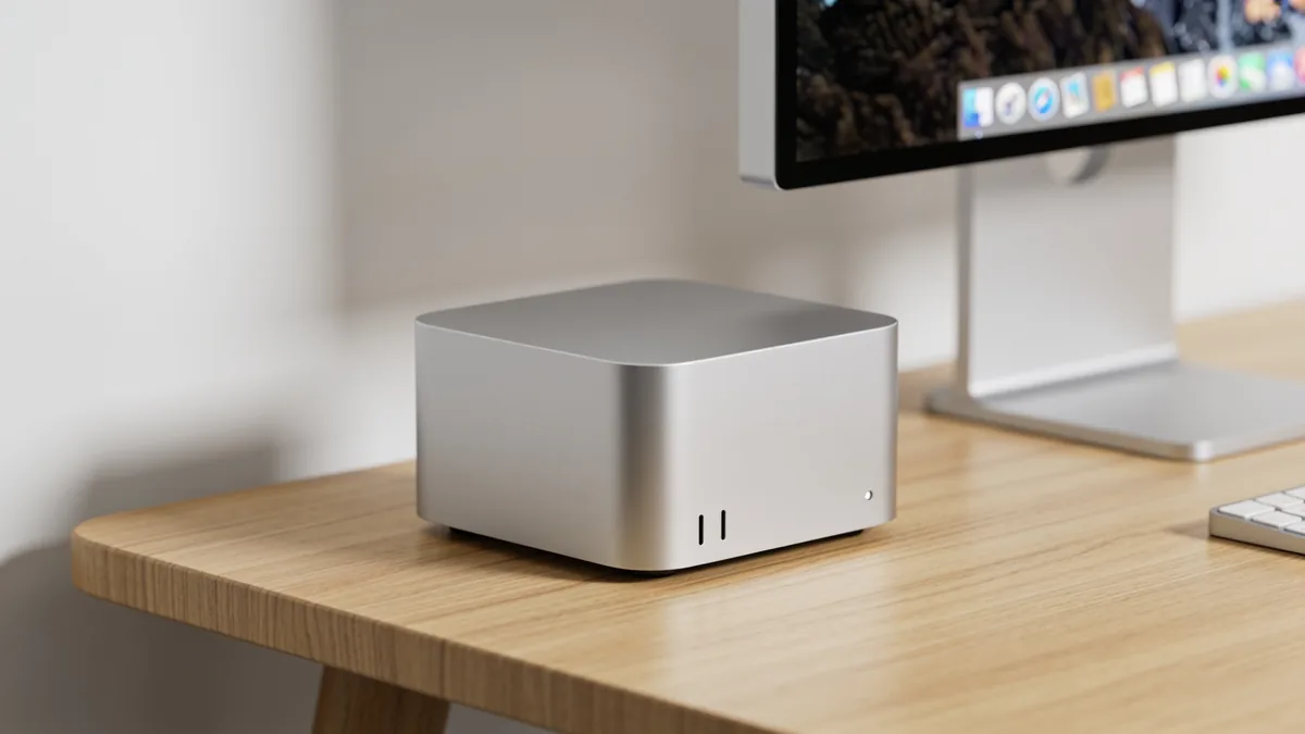 Mini PC de aluminio plateado sobre un escritorio de madera junto a un monitor, representando el diseno compacto del nuevo Mac mini M6