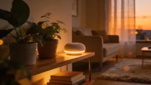 Altavoz inteligente Amazon Echo en un salon con luz calida de atardecer