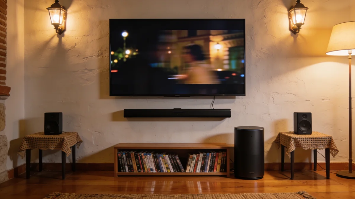 Las mejores barras de sonido de 2026: comparativa de 7 modelos de 79 a 499 euros Montaje de cine en casa 5.1 con una de las mejores barras de sonido, subwoofer y altavoces traseros