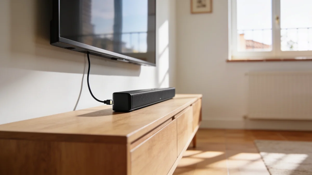 Las mejores barras de sonido de 2026: comparativa de 7 modelos de 79 a 499 euros Cable HDMI conectado a una de las mejores barras de sonido colocada en un mueble de salon