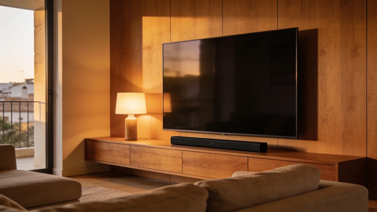Salon con televisor y una de las mejores barras de sonido bajo la pantalla