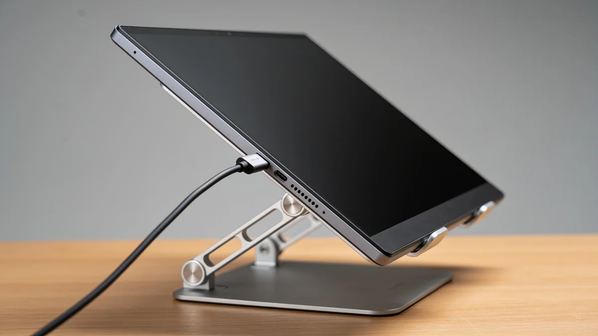 Detalle del soporte y el puerto USB-C de uno de los mejores monitores portátiles