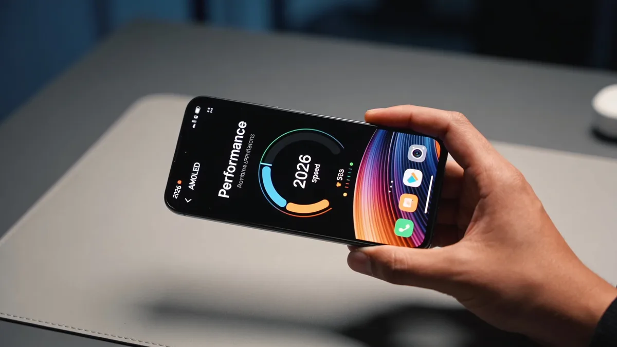 Movil con procesador Dimensity de gama media 2026 mostrando rendimiento en pantalla