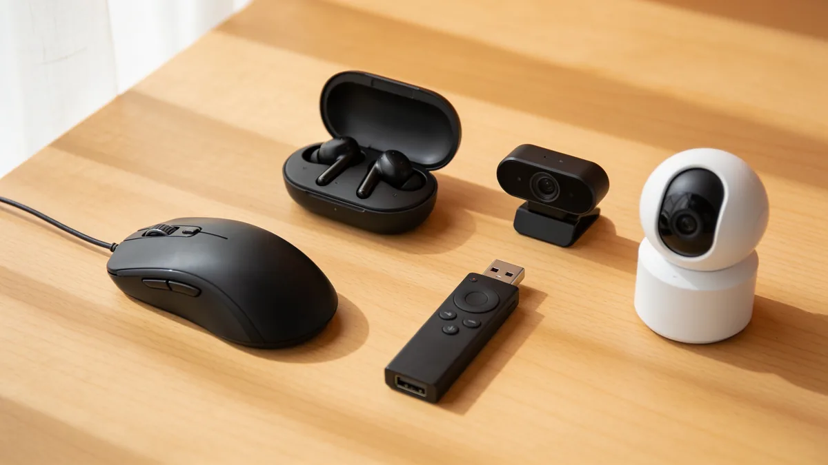 Ofertas de electronica en Amazon: mando de streaming, raton, auriculares, webcam y camara sobre un escritorio