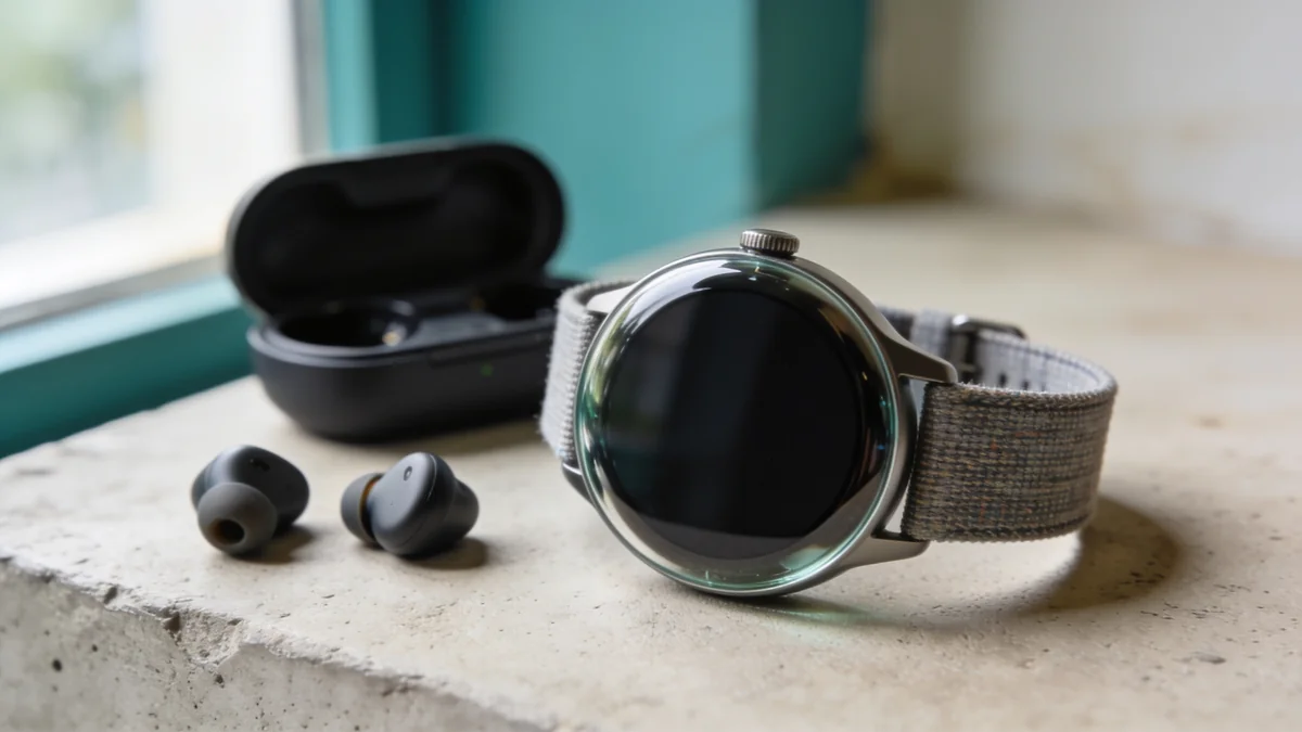 Reloj inteligente redondo y auriculares inalambricos, ecosistema Pixel del Made by Google 2026