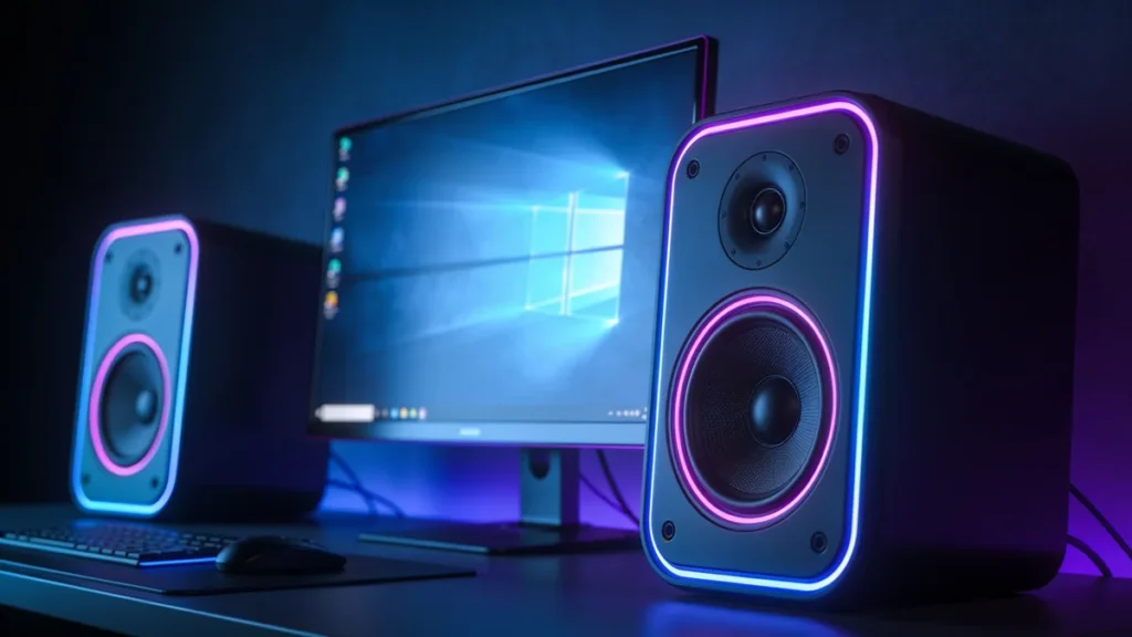 Altavoces inalámbricos PlayStation Pulse Elevate en un escritorio gaming con iluminación ambiental