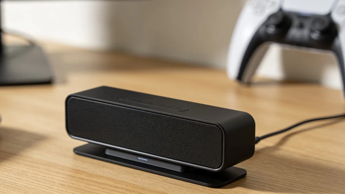 PlayStation Pulse Elevate: precio y fecha oficial de los primeros altavoces de Sony Detalle de diseño del altavoz PlayStation Pulse Elevate sobre un escritorio con mando de consola