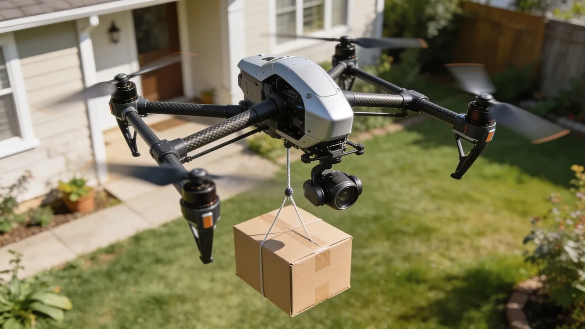 Dron MK30 de Amazon Prime Air entregando una caja de cartón en el jardín de una vivienda
