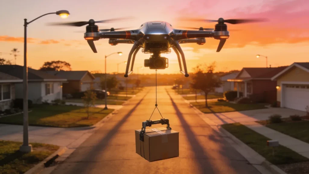Dron de reparto de Amazon Prime Air volando sobre una calle residencial al atardecer con un paquete colgando