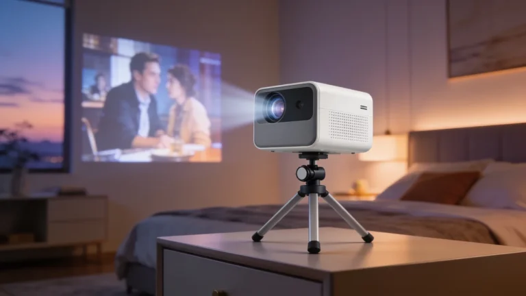 Proyector portatil TCL C1 sobre tripode con cardan giratorio en un dormitorio