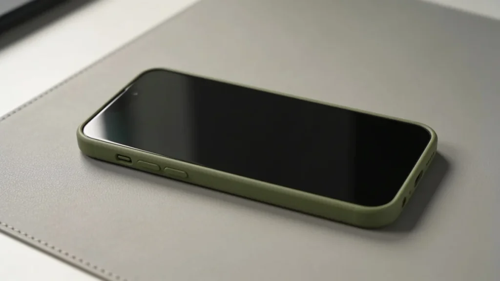 Smartphone de gama alta en color verde sobre una mesa clara