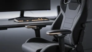 Silla gamer DXRacer Craft con reposabrazos 4D junto a un escritorio con monitor