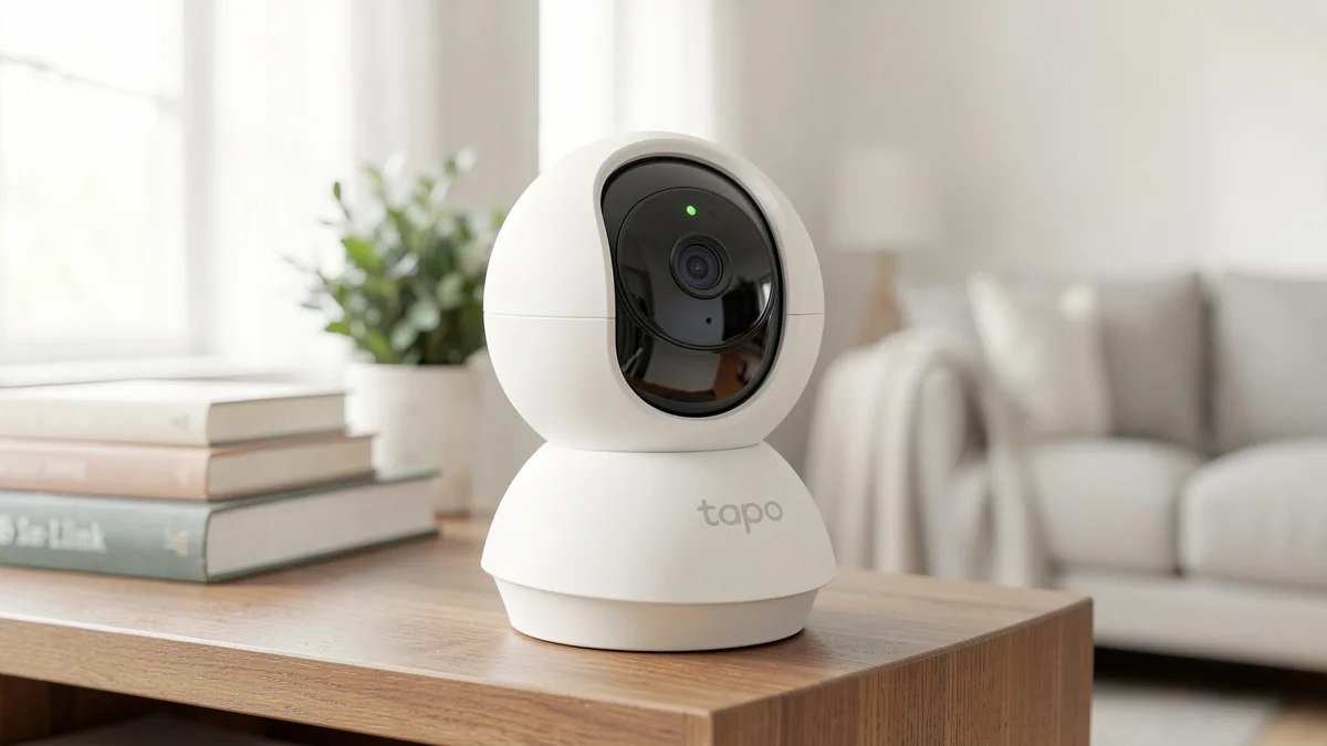 Cámara de vigilancia WiFi TP-Link Tapo C210 sobre una mesa en un salón luminoso