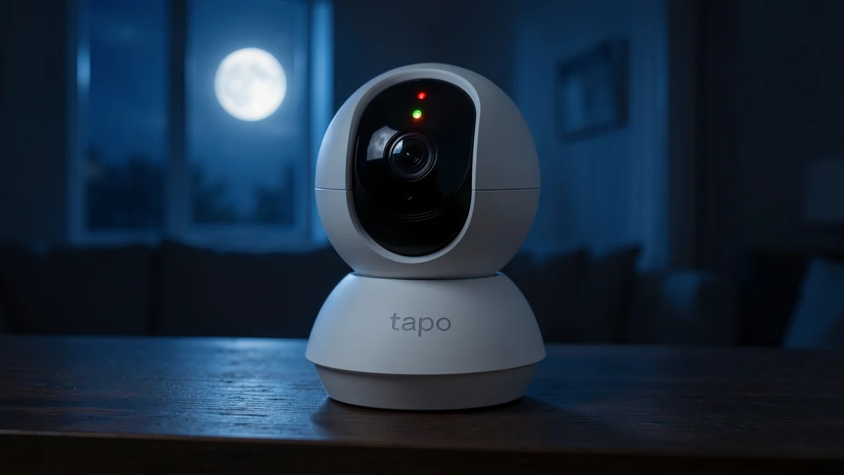 Tapo C210: review honesta de la cámara de vigilancia WiFi más vendida Visión nocturna de la cámara TP-Link Tapo C210 en un salón a oscuras con el LED encendido