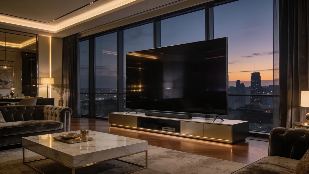 Televisor premium de 75 pulgadas con Fire TV integrado en salon de lujo con ventanales
