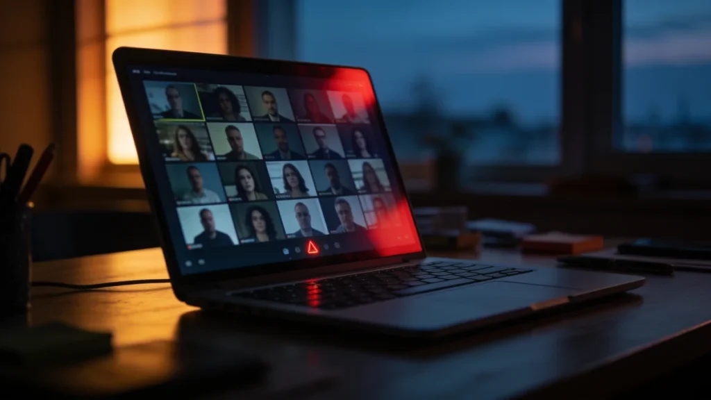 Vulnerabilidad de Zoom: portátil con una videollamada y un aviso de alerta en pantalla