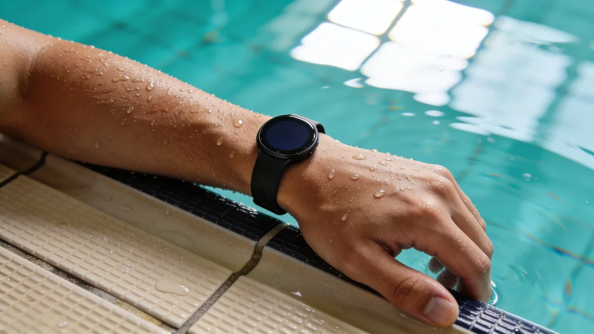 Xiaomi Smart Band 10 con resistencia 5 ATM en el borde de una piscina