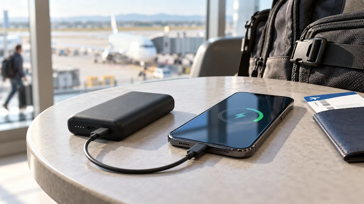 Batería externa USB-C cargando un teléfono durante un viaje