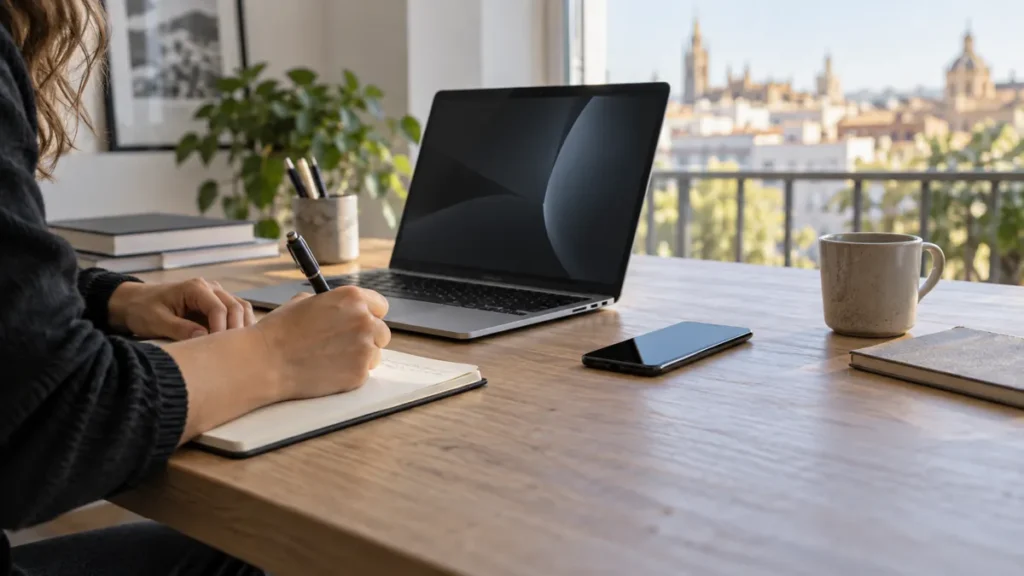 Meta One en España, escena editorial genérica de trabajo digital creada con IA