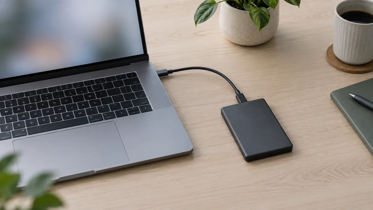 SSD portátil conectado por USB-C a un ordenador