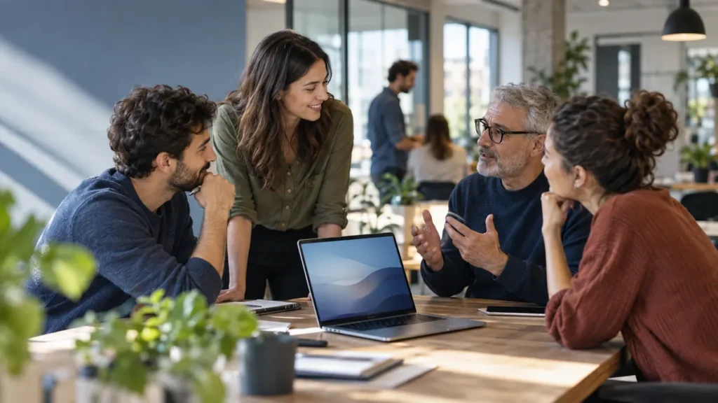 Uso de IA generativa en España, escena editorial de trabajo digital