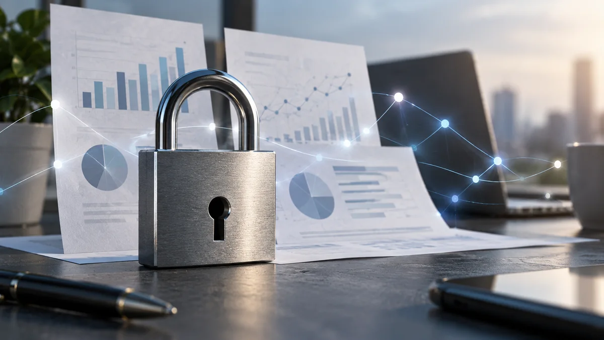 Candado y gráficos abstractos para explicar la privacidad de datos financieros