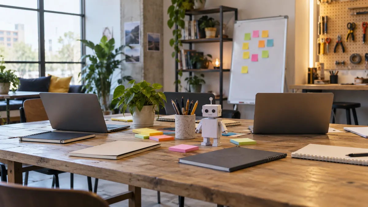 Mesa de taller tecnológico comunitario con portátiles y notas sin marca