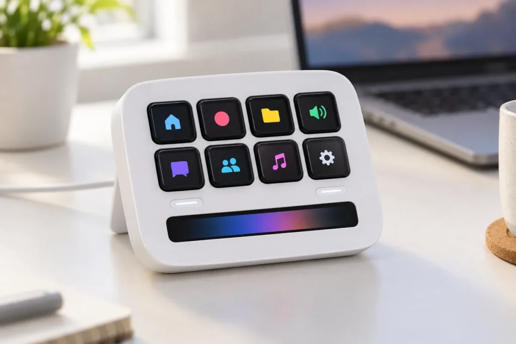 Elgato Stream Deck Neo blanco en escritorio