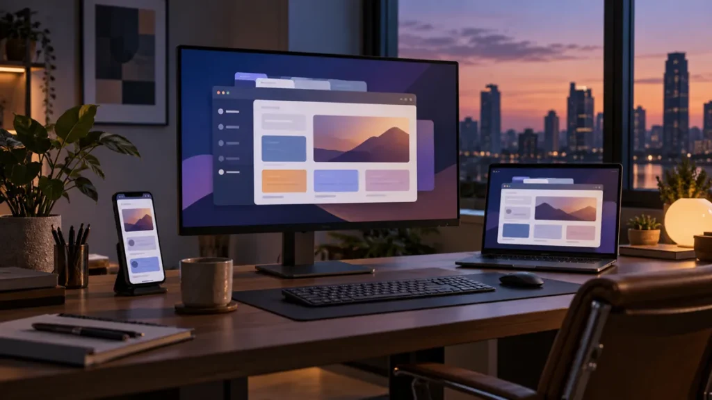 Firefox 157 y su nuevo diseño en una escena editorial ilustrativa