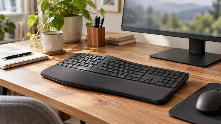 Inicio Teclado ergonómico en escritorio de teletrabajo