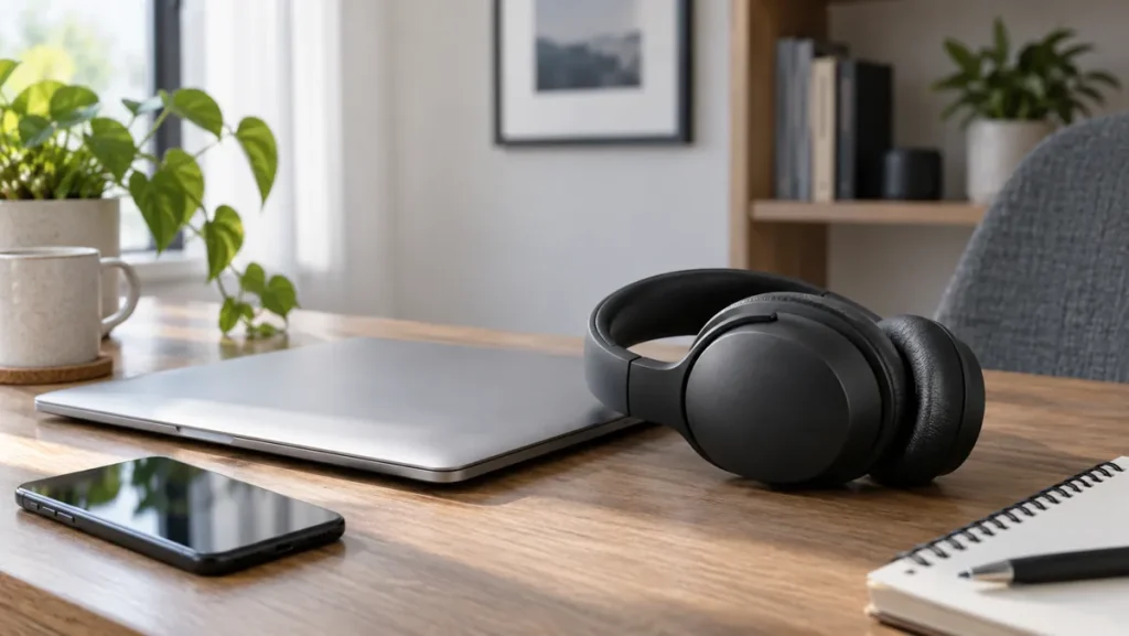 Auriculares con cancelación de ruido en escritorio, imagen editorial