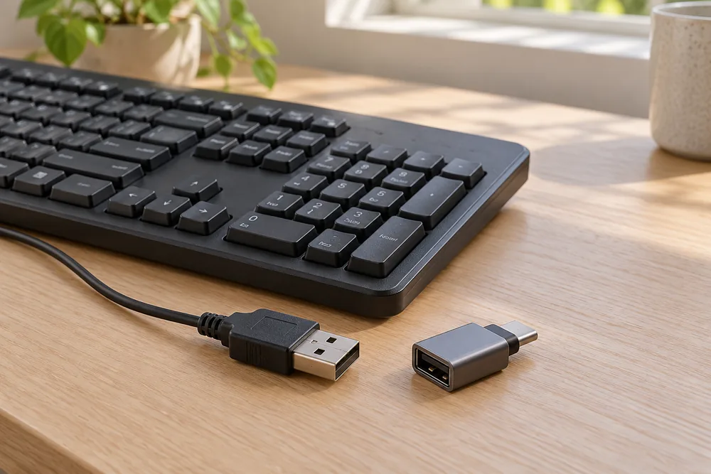 Teclado con cable USB-A junto a adaptador para puerto USB-C